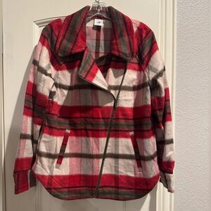 CAbi plaid fleece zip front jacket with angled front pockets